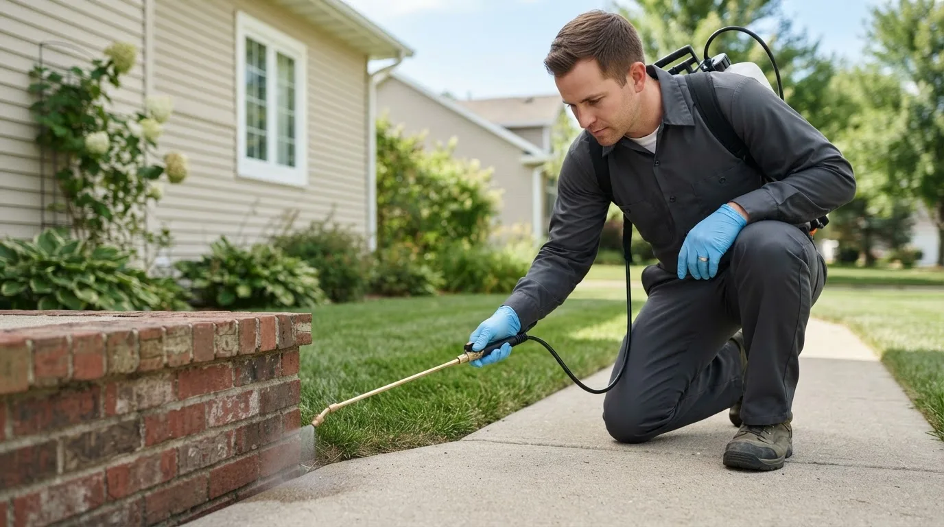Pest control technician treating a home near Sasakwa, OK