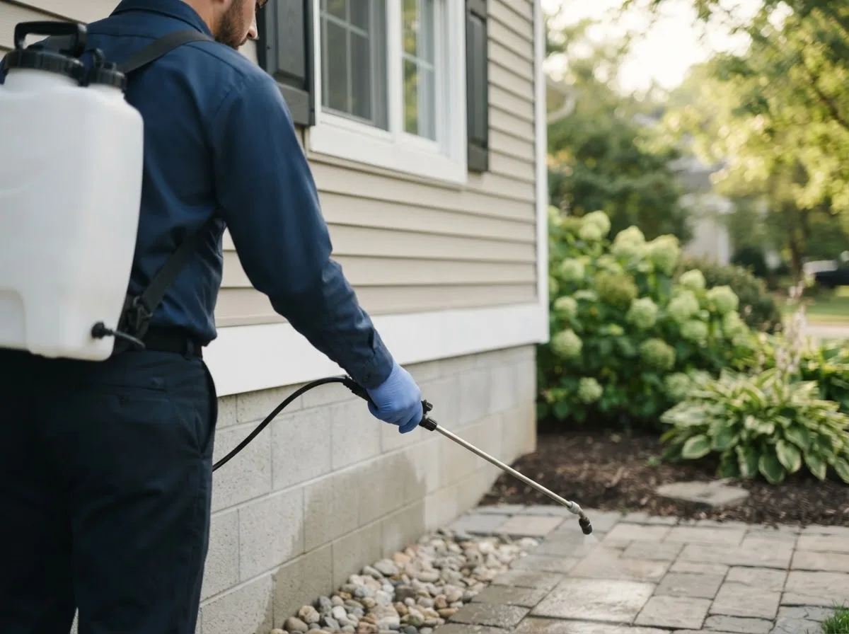 Pest control technician inspecting a home in Sasakwa, OK